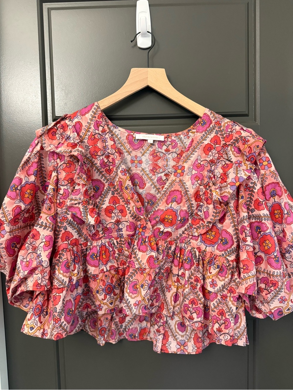 Olivaceous Pink and Red Floral Ruffle Blouse